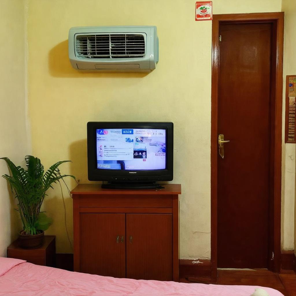 Cảnh cận cảnh các tiện nghi cơ bản như điều hòa và tivi trong một phòng nhà nghỉ điển hình ở Pleiku